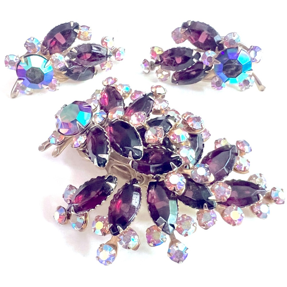 Vintage Rhinestone Brooch Ear Clip Set Plum Purple Aurora Borealis
